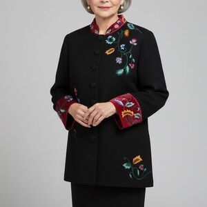 Vintage Norm Thompson Wool Cardigan Sweater Large Silk Collar Embroidered 2‎